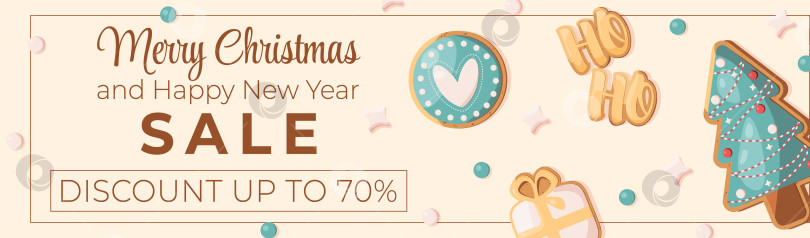 Скачать EPS 10. Яркий баннер о новогодних и рождественских распродажах и иллюстрация имбирного печенья с глазурью. Шаблон фотосток Ozero