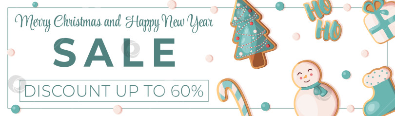 Скачать EPS 10. Баннер о новогодних и рождественских распродажах и иллюстрация имбирного печенья с глазурью. фотосток Ozero
