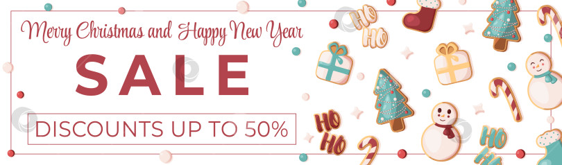 Скачать Горизонтальный баннер рождественской и новогодней распродажи с имбирными пряниками. Шаблон распродажи, баннер, рекламные акции, флаер, баннер веб-сайта, пост. EPS 10 фотосток Ozero