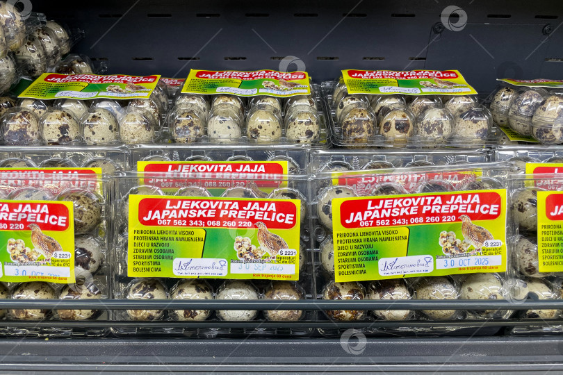 Скачать Бар, Черногория, 30 октября 2025 года, контейнеры с перепелиными яйцами в супермаркете фотосток Ozero