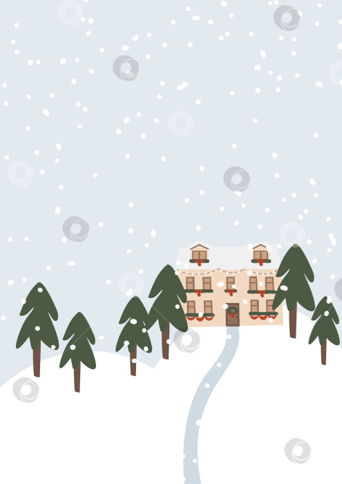 Скачать Плоская иллюстрация зимней деревни со снегом, падающим на украшенный дом и деревья. Рождественские венки, ленты и гирлянды украшают уютный дом и заснеженную улицу, создавая новогодний пейзаж сельской местности. фотосток Ozero