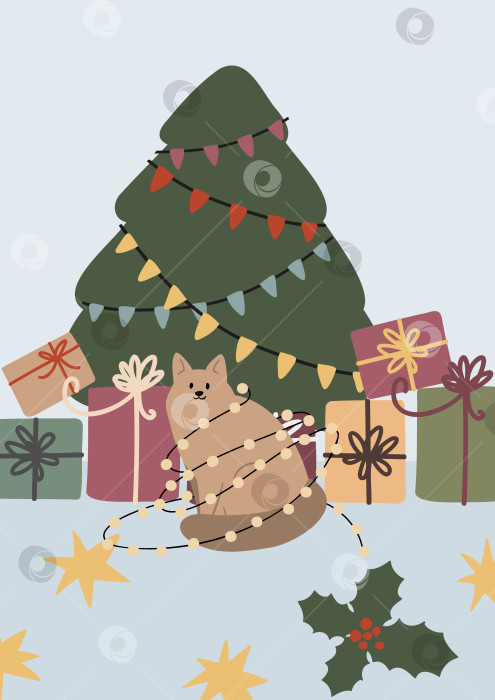 Скачать Плоская векторная иллюстрация зимнего праздника. Милый кот, запутавшийся в огнях, сидит под украшенной рождественской елкой с разноцветными гирляндами, завернутыми подарками и звездами. Уютное новогоднее настроение. фотосток Ozero
