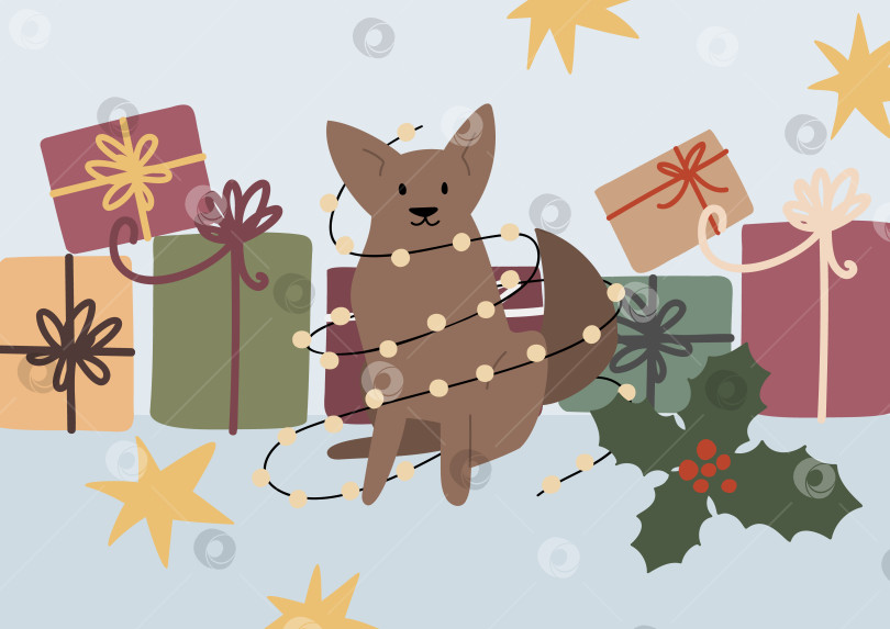 Скачать Иллюстрация с изображением собаки, запутавшейся в рождественских гирляндах среди обернутых подарков и листьев остролиста. Праздничная зимняя атмосфера со звездами, лентами, коробками передает тепло, веселье и уютный дух Нового года. Плоская векторная графика фотосток Ozero