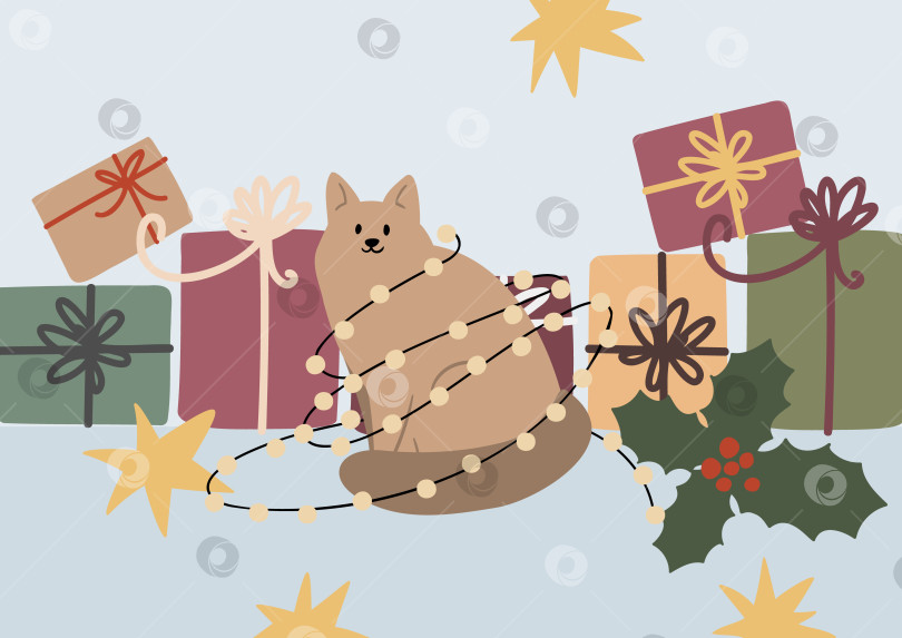 Скачать Иллюстрация с изображением милой кошки, запутавшейся в рождественских огнях среди подарочных коробок и листьев остролиста. Уютная зимняя атмосфера со звездами, лентами, светящимися гирляндами создает теплое праздничное настроение. Плоская векторная графика. фотосток Ozero