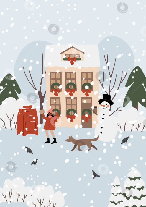 Скачать Плоская зимняя иллюстрация рождественского праздника: украшенный дом с венками, девушка, держащая письмо возле красного почтового ящика, выгуливающая собаку, снеговик, улыбающийся среди елей. Падающий снег, новогодняя векторная сцена. фотосток Ozero