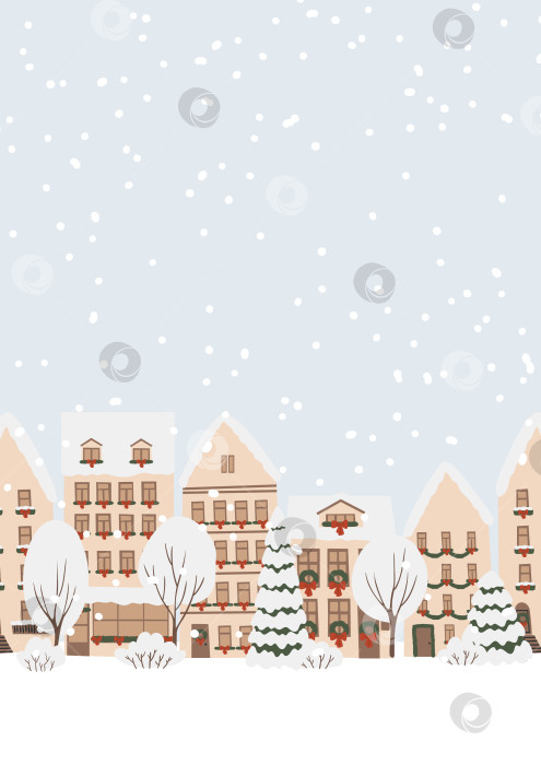 Скачать Плоская иллюстрация зимнего города со снегом, падающим на украшенные дома и улицы. Рождественские елки и венки с лентами украшают город, создавая праздничное новогоднее настроение и уютные праздничные декорации. фотосток Ozero