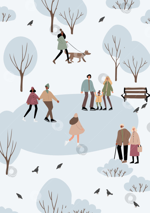Скачать Иллюстрация к зимнему парку: разные люди катаются на коньках на ледяном катке, выгуливают собаку, пожилая пара прогуливается по снегу, ребенок с родителями играет на улице. Голые деревья, скамейка, птицы и спокойный пейзаж. фотосток Ozero