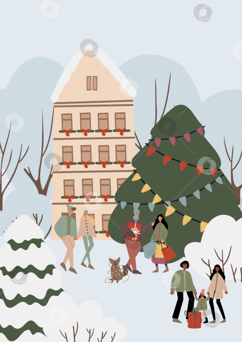 Скачать Плоская векторная иллюстрация празднования зимних праздников: мультикультурные люди гуляют по заснеженному городу возле здания и рождественской елки с огнями, несут подарки, готовятся к Рождеству и Новому году. фотосток Ozero