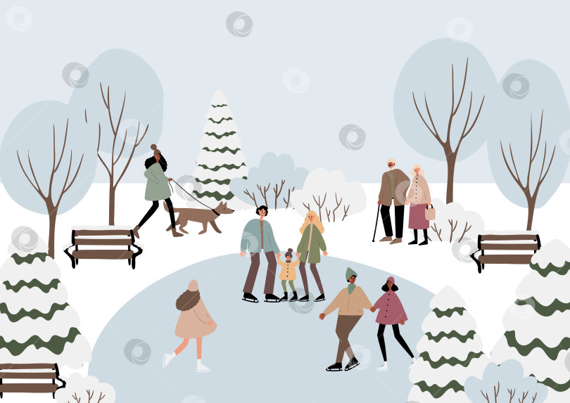 Скачать Иллюстрация зимнего парка с людьми, катающимися на коньках среди заснеженных деревьев. Мультикультурные семьи и пары наслаждаются праздничным сезоном. Празднование Рождества и Нового года. Плоская векторная графика. фотосток Ozero