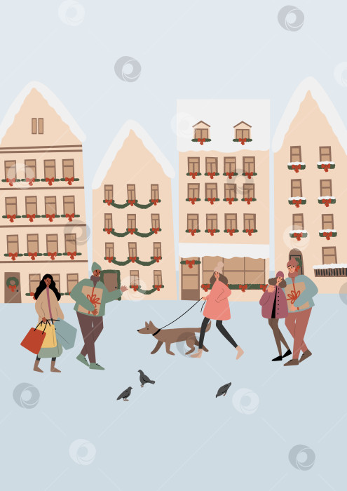 Скачать Плоская векторная иллюстрация мультикультурных людей в зимнем городе во время рождественских каникул. Кавказские и афроамериканские пары гуляют с подарками, ребенком и собакой возле украшенных зданий и снега. фотосток Ozero