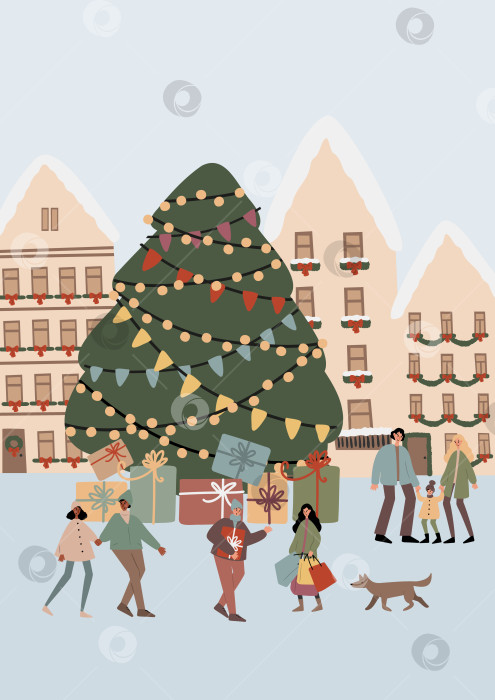 Скачать Плоская векторная иллюстрация празднования зимних праздников: мультикультурные люди — кавказцы, афроамериканцы, бразильцы — гуляют по заснеженному городу возле рождественской елки и украшенных огнями домов. фотосток Ozero