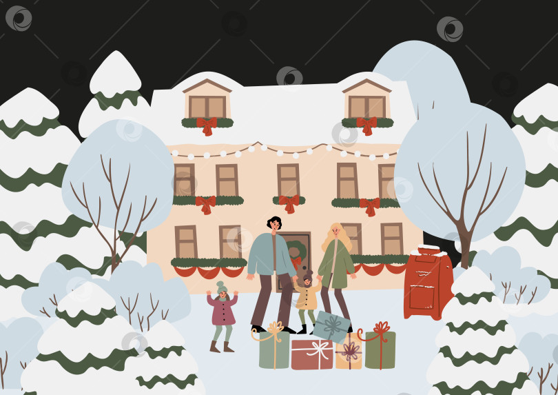 Скачать Иллюстрация зимних рождественских праздников с семьей и детьми возле украшенного дома, заснеженными елками, завернутыми подарками. Теплые огоньки и ленты создают уютную праздничную атмосферу и радостное новогоднее настроение. фотосток Ozero