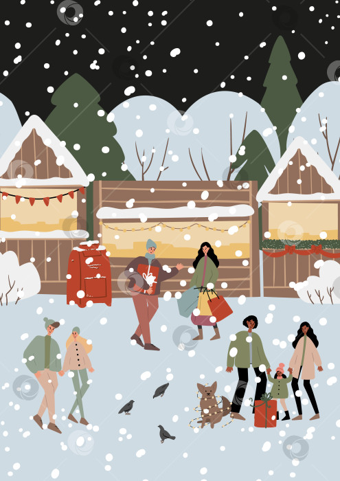 Скачать Плоская векторная иллюстрация мультикультурных людей на зимнем рождественском базаре. Кавказские и афроамериканские семьи покупают подарки, гуляют по снегу с детьми и собаками возле деревянных украшенных киосков. фотосток Ozero