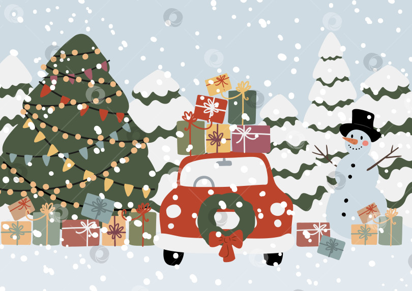 Скачать Рождественская зимняя иллюстрация с красной машиной, украшенной венком и нагруженной подарочными коробками. Снеговик, рождественская елка с гирляндами, снежинки и заснеженный лес создают уютное праздничное новогоднее настроение. фотосток Ozero