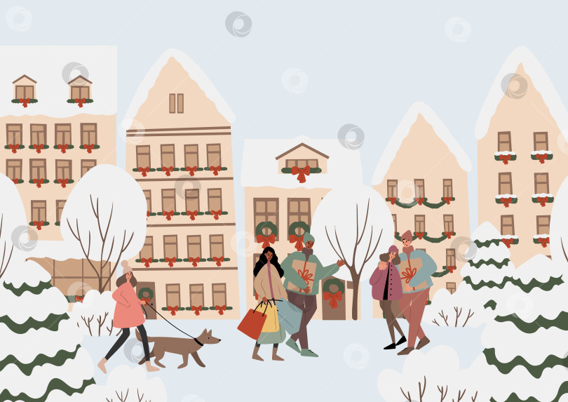 Скачать Иллюстрация зимнего города с украшенными домами, заснеженными елями и разными людьми. Жители гуляют с подарками, выгуливают собак и наслаждаются праздничной рождественской атмосферой в городской среде. Плоская векторная графика. фотосток Ozero