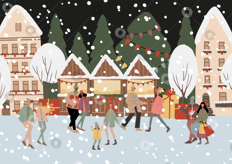 Скачать Иллюстрация зимнего рождественского рынка с разными людьми среди украшенных прилавков и домов. Посетители покупают подарки, общаются и наслаждаются праздничной атмосферой со снегом и огнями. Плоский вектор. фотосток Ozero