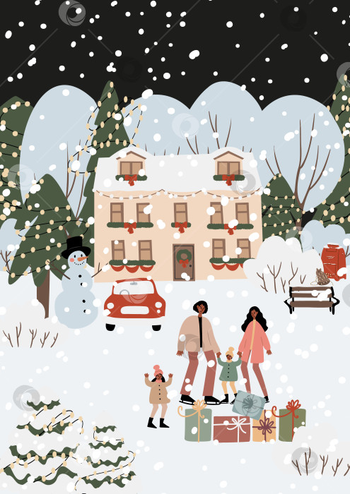 Скачать Плоская векторная иллюстрация празднования зимних праздников: афроамериканская семья с детьми прогуливается возле украшенного дома, снеговика, рождественской елки и подарков. Падает снег, атмосфера Нового года. фотосток Ozero