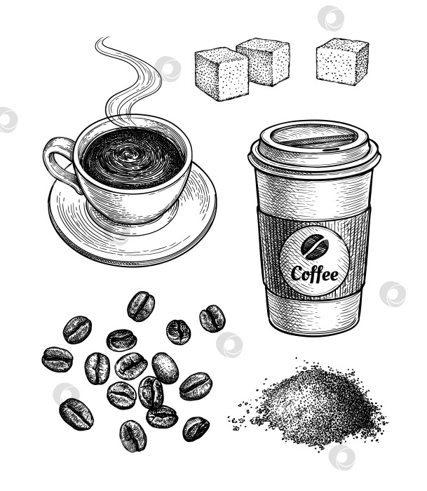 Скачать Эскиз тушью кофейного сервиза. фотосток Ozero