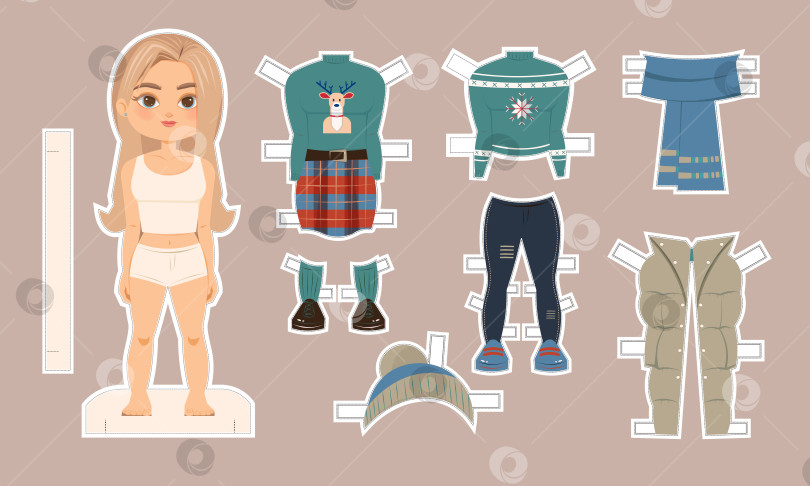 Скачать Бумажная кукла-блондинка с зимней одеждой и аксессуарами. Игровой набор для ностальгических детских игр с героями мультфильмов. фотосток Ozero