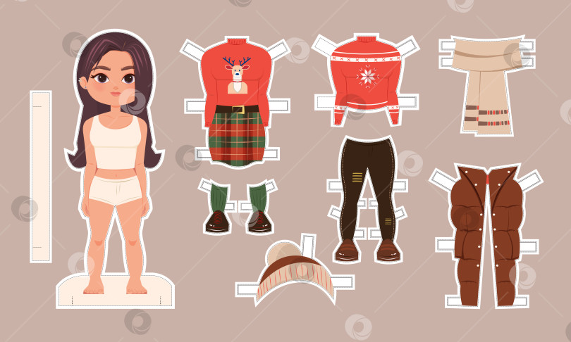 Скачать Бумажная кукла для девочки-брюнетки с зимней одеждой и аксессуарами. Игровой набор для ностальгических детских игр с героями мультфильмов. фотосток Ozero