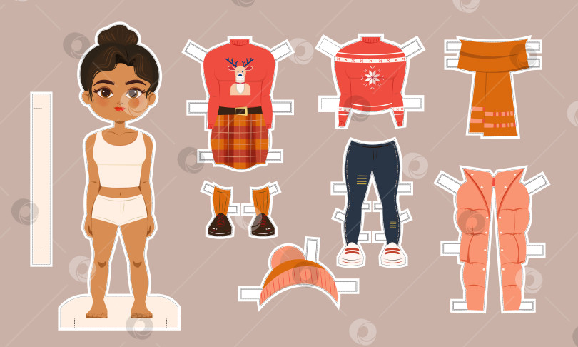 Скачать Бумажная кукла-латиноамериканка с зимними нарядами и аксессуарами, мультяшный модный набор для вырезания из бумаги фотосток Ozero