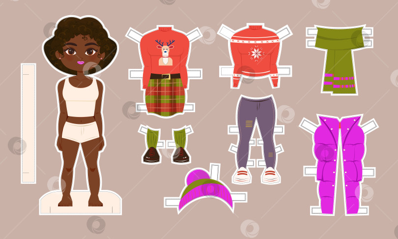 Скачать Черная бумажная кукла-девочка с зимними нарядами и аксессуарами, модель с вырезами из бумаги в мультяшном стиле. фотосток Ozero