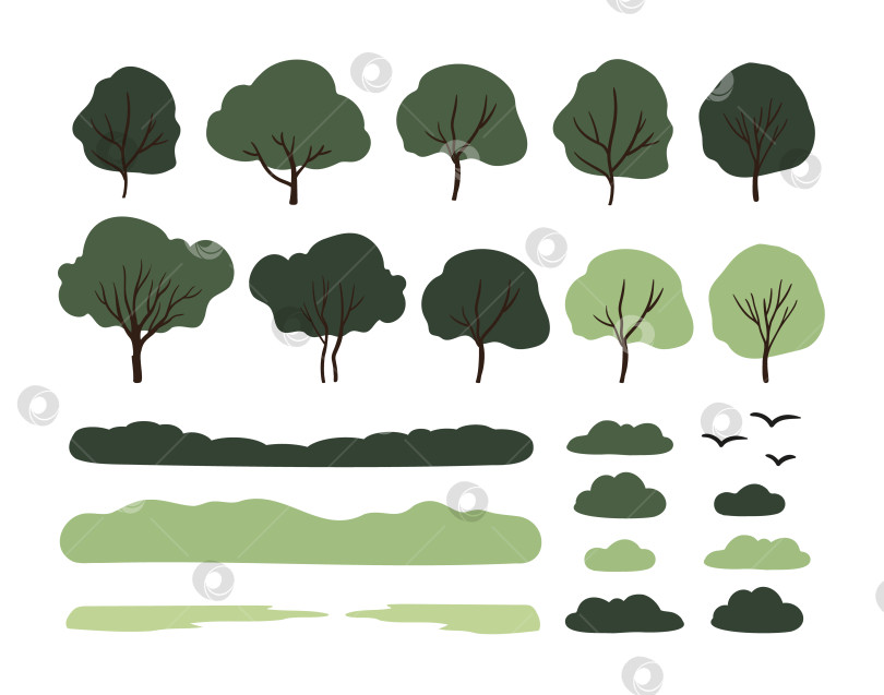 Скачать Иллюстрация пейзажа с абстрактными зелеными деревьями, кустарниками с густой листвой, травянистыми изгородями, силуэтами на горизонте и летящими птицами в стиле плоского эко-парка на белом фоне. Плоская векторная иллюстрация. фотосток Ozero