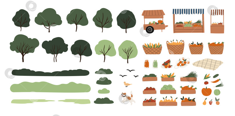 Скачать Набор иллюстраций с элементами фермерского рынка и эко-парка: деревянные ящики и плетеные корзины с тыквами, морковью, кукурузой, яблоками, грушами, мандаринами, зеленью, деревьями. Плоская векторная иллюстрация. фотосток Ozero