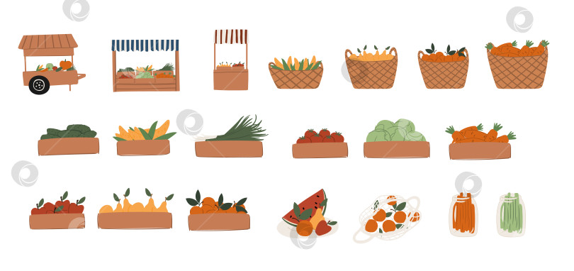 Скачать Иллюстрация элементов фермерского рынка: деревянных ящиков, корзин, коробок, контейнеров и фермерских тележек с полосатыми навесами, заполненных фруктами и овощами. Плоский векторный набор, идеально подходящий для ярмарочной сцены. фотосток Ozero