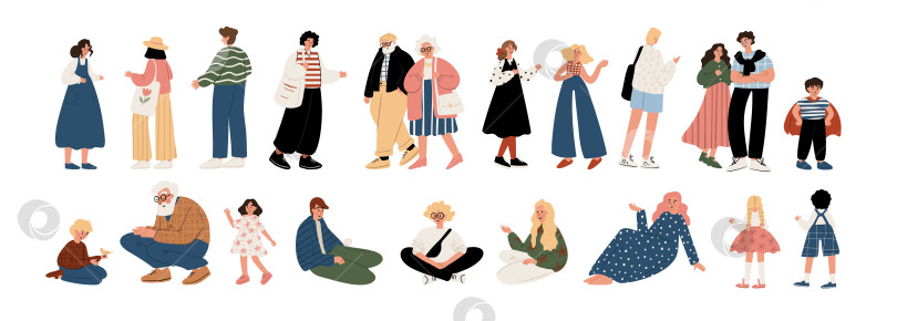 Скачать На иллюстрации изображены люди: мужчины, женщины, подростки, дети, пожилые люди. Каждый персонаж и фигура изображены на портрете в стиле жизни — стоя, сидя, гуляя, разговаривая, играя. Повседневная одежда, пары, семья. фотосток Ozero