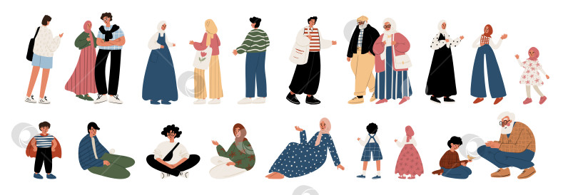 Скачать Векторная иллюстрация мусульманских людей: мужчин, женщин в хиджабах, детей, пожилых людей. Каждый персонаж и фигура стоит, сидит, улыбается, разговаривает, играет, спокойно отдыхает. Портрет повседневной жизни. фотосток Ozero
