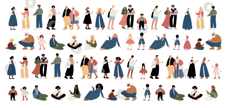 Скачать Среди взрослых, подростков и детей - мужчины и женщины, афроамериканцы, белые и мусульмане. Персонажи улыбаются, стоят, сидят, общаются, гуляют, играют. Плоская векторная иллюстрация фотосток Ozero