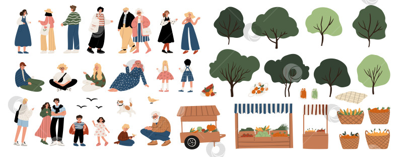 Скачать Набор иллюстраций для создания сцен фермерского рынка и парка: разнообразные персонажи, дети и взрослые, мужчины и женщины, деревья, деревянные ящики и корзины с фруктами и овощами. Плоский вектор. фотосток Ozero