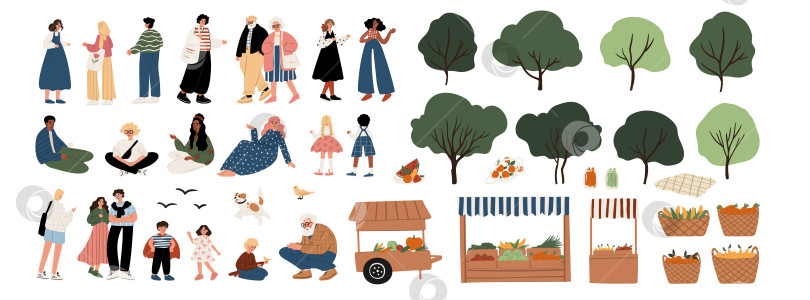 Скачать Иллюстрация набора элементов для фермерского рынка и парка: белые, афроамериканские, мусульманские, азиатские, латиноамериканские мужчины и женщины в различных позах; деревянные ящики, корзины и коробки с фруктами и овощами. фотосток Ozero