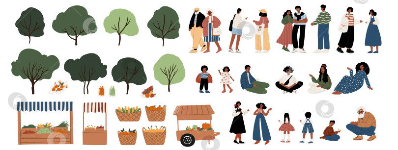 Скачать Набор иллюстраций для фермерского рынка и парковых сцен: чернокожие мужчины и женщины, дети и взрослые в различных позах и действиях; деревья, деревянные ящики и плетеные корзины с фруктами и овощами. фотосток Ozero