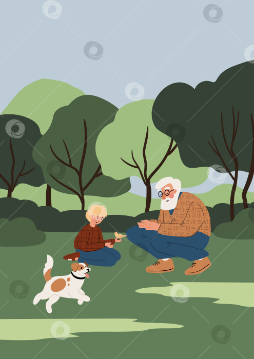 Скачать Иллюстрация пожилого белого мужчины с бородой и в очках, наблюдающего за маленьким мальчиком, держащим птицу в руках, в то время как игривая собака бегает неподалеку в зеленом летнем парке с деревьями. Плоская векторная иллюстрация. фотосток Ozero