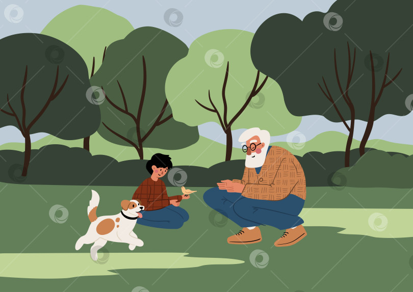 Скачать Иллюстрация сцены в летнем парке с пожилым мужчиной и мальчиком, сидящими на траве и наблюдающими за птицами, в то время как собака играет неподалеку. Мирный семейный момент на природе. Плоская векторная иллюстрация. фотосток Ozero