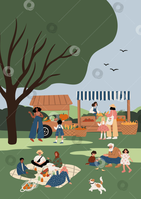 Скачать летний день на фермерском рынке с представителями разных культур — взрослые, дети, семьи, афроамериканцы, мусульмане, белые — устраивают пикники и покупают овощи в Грин-парке. Плоская векторная иллюстрация. фотосток Ozero