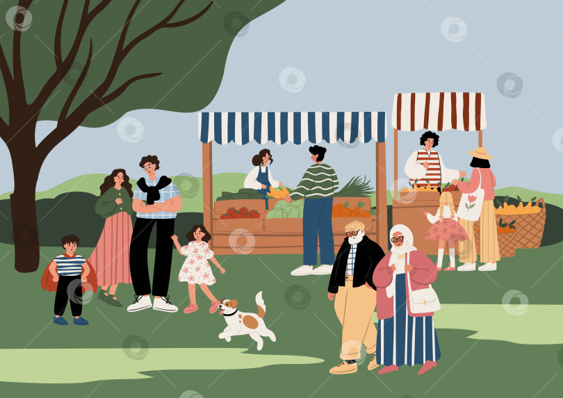 Скачать Иллюстрация летнего фермерского рынка с семьями, пожилыми парами, продавцами и детьми разных национальностей, проводящими время на свежем воздухе. Плоская векторная иллюстрация. фотосток Ozero