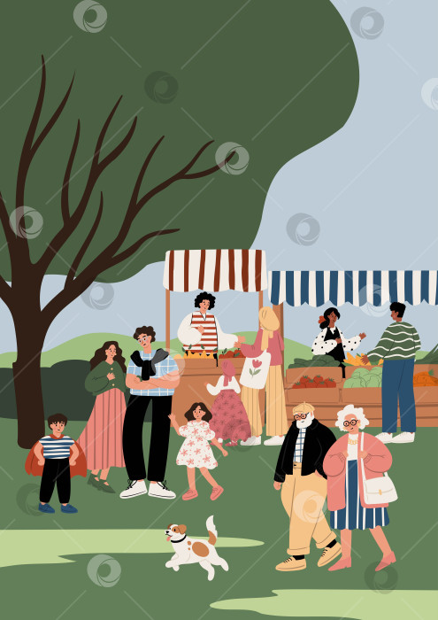 Скачать Иллюстрация мультикультурных людей на летнем фермерском рынке, когда взрослые женщины, мужчины, дети, афроамериканцы и европейцы покупают овощи в киосках в Грин-парке. Плоская векторная иллюстрация. фотосток Ozero