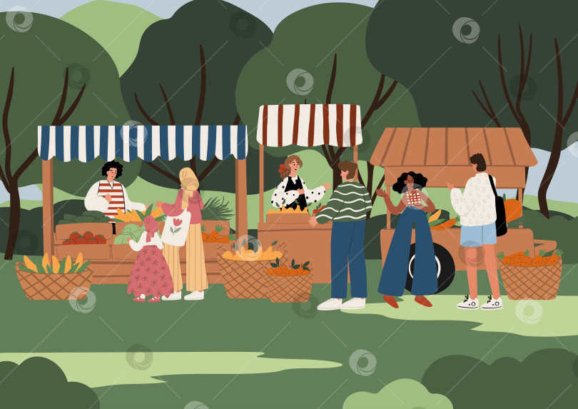 Скачать Иллюстрация летнего фермерского рынка в парке, где люди разных культур покупают овощи. Взрослые и дети разных национальностей общаются у уличных прилавков. Плоская векторная иллюстрация. фотосток Ozero