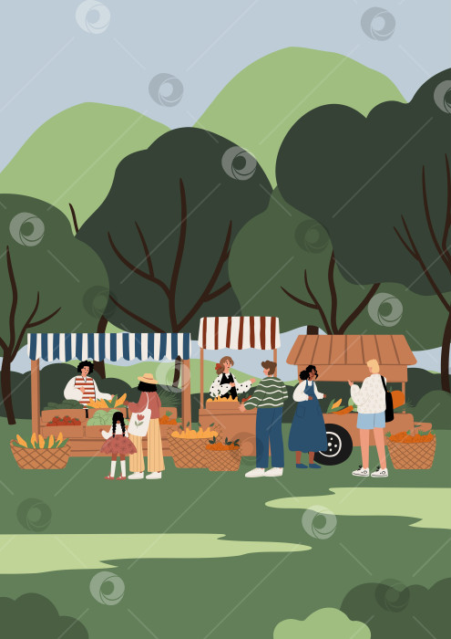 Скачать Иллюстрация мультикультурных людей на летнем фермерском рынке, когда взрослые женщины, мужчины, дети, афроамериканцы и европейцы покупают овощи в киосках в Грин-парке. Плоская векторная иллюстрация. фотосток Ozero