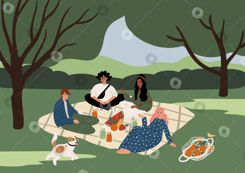 Скачать летний пикник в парке с группой молодых друзей из разных культур. Мужчины и женщины разных национальностей отдыхают, пьют сок и наслаждаются фруктами на одеяле. Плоская векторная иллюстрация. фотосток Ozero