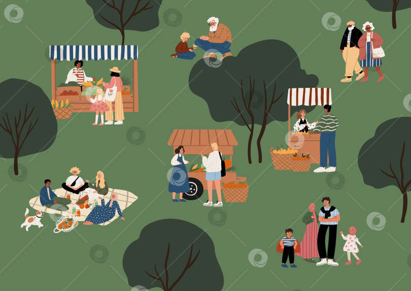 Скачать летний фермерский рынок в парке с представителями разных культур. Семьи, пожилые люди, семейные пары и дети разных национальностей делают покупки, устраивают пикники и отдыхают на свежем воздухе. Плоская векторная иллюстрация. фотосток Ozero