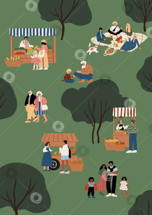 Скачать Иллюстрация мультикультурных людей в зеленом летнем парке, где семьи, пары, дети и пожилые люди отдыхают в магазине для пикников на фермерском рынке и гуляют с собакой. Плоская векторная иллюстрация. фотосток Ozero