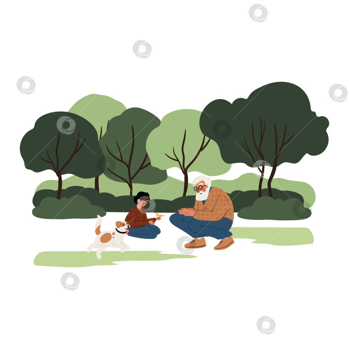 Скачать Иллюстрация пожилого белого мужчины и маленького мальчика, играющих с собакой в солнечном городском парке с зелеными деревьями и травой. Плоская векторная иллюстрация. фотосток Ozero