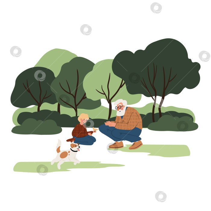 Скачать Иллюстрация пожилого мужчины и светлокожего мальчика, играющих с коричневой и белой собакой в парке, в то время как мальчик держит в руках маленькую птичку. Плоская векторная иллюстрация. фотосток Ozero