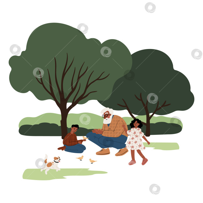 Скачать Иллюстрация пожилого афроамериканца с внуком, держащим птицу, и внучкой, приближающейся в летнем парке, собака, бегущая рядом по траве. Плоская векторная иллюстрация. фотосток Ozero