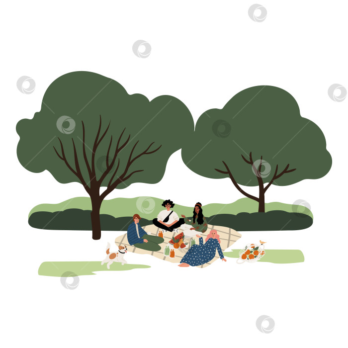 Скачать Иллюстрация молодых афроамериканцев и европейцев, мужчин и женщин, устраивающих пикник на одеяле, общающихся, поедающих фрукты и играющих с собаками в солнечном городском парке. Плоская векторная иллюстрация. фотосток Ozero