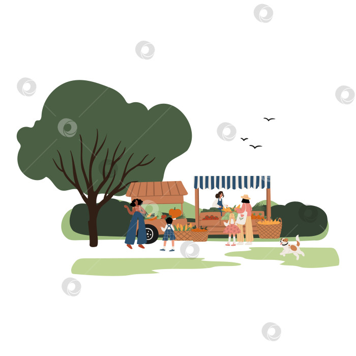 Скачать Иллюстрации разных людей: чернокожая женщина с ребенком, белая женщина с девочкой, продавщица на фермерском рынке в летнем парке, собака, играющая неподалеку. Этническое разнообразие на открытом воздухе. Плоская векторная иллюстрация. фотосток Ozero